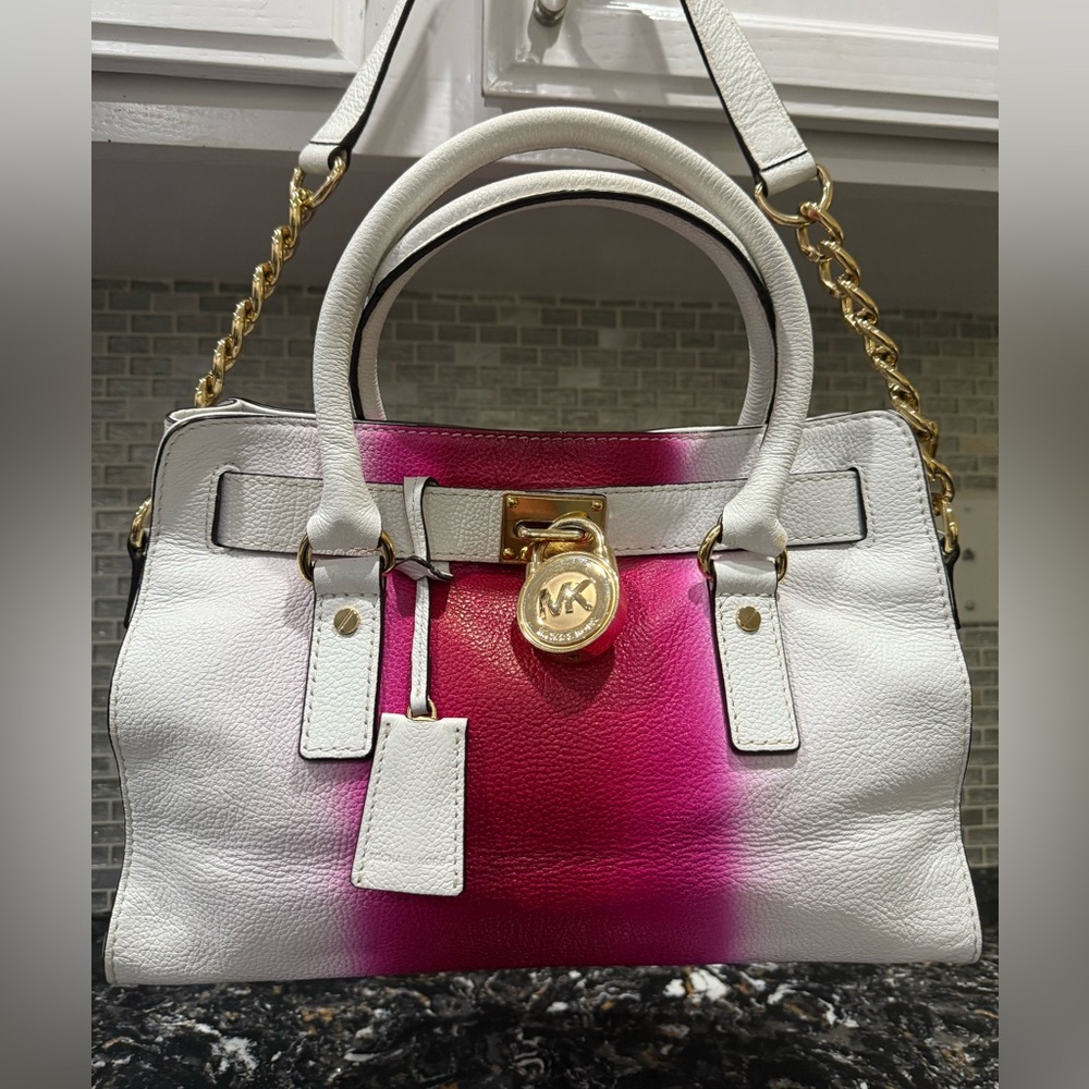 Michael Michael Kors White and Pink Satchel with Gold Accents